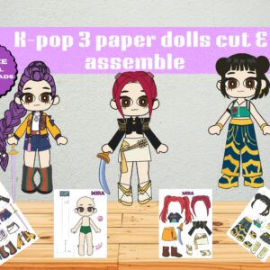 k pop paper dolls printable | cut & assemble activity for kids | 3 dolls with stands & 6 outfits | digital download