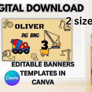 construction truck birthday banner – editable in canva