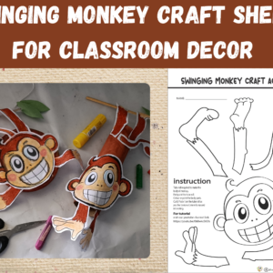 swinging monkey craft printable, jungle animal activity worksheet, monkey coloring craft pdf, classroom décor