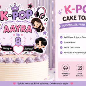 Editable K-Pop Birthday Cake Topper Printable | Cute K-Pop Party Decoration | Personalized Name & Age Template | Instant Digital Download