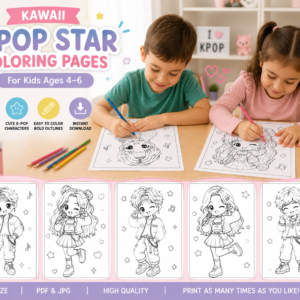 Kawaii K-Pop Star Coloring Pages for Kids | Cute Chibi Printable PNG | Digital Download