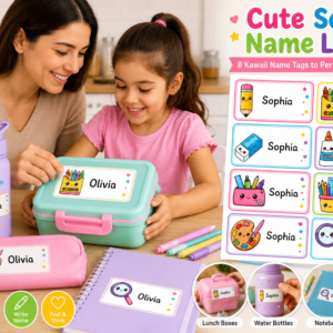 Cute School Name Labels Printable Sticker Sheet – 16 Kawaii Name Tags (A4 PNG)
