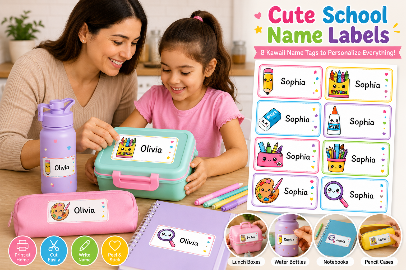 Cute School Name Labels Printable Sticker Sheet – 16 Kawaii Name Tags (A4 PNG)