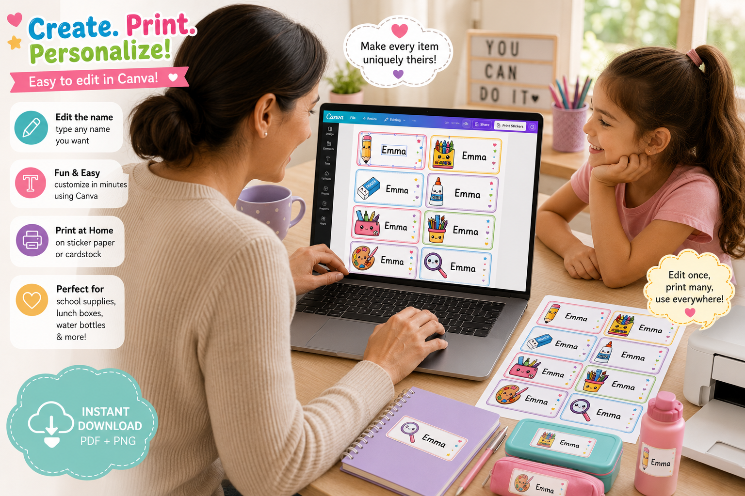 Cute School Name Labels Printable Sticker Sheet – 16 Kawaii Name Tags (A4 PNG) - Image 3