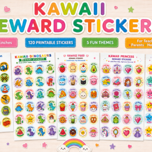 120 Kawaii Reward Stickers Printable | Kids Reward Stickers | Teacher Classroom Stickers | 5 Themes | 1.5 Inch Stickers