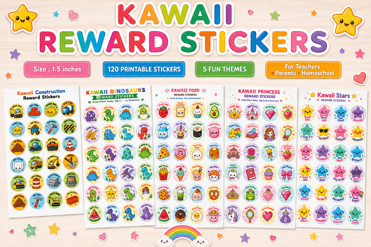 120 Kawaii Reward Stickers Printable | Kids Reward Stickers | Teacher Classroom Stickers | 5 Themes | 1.5 Inch Stickers