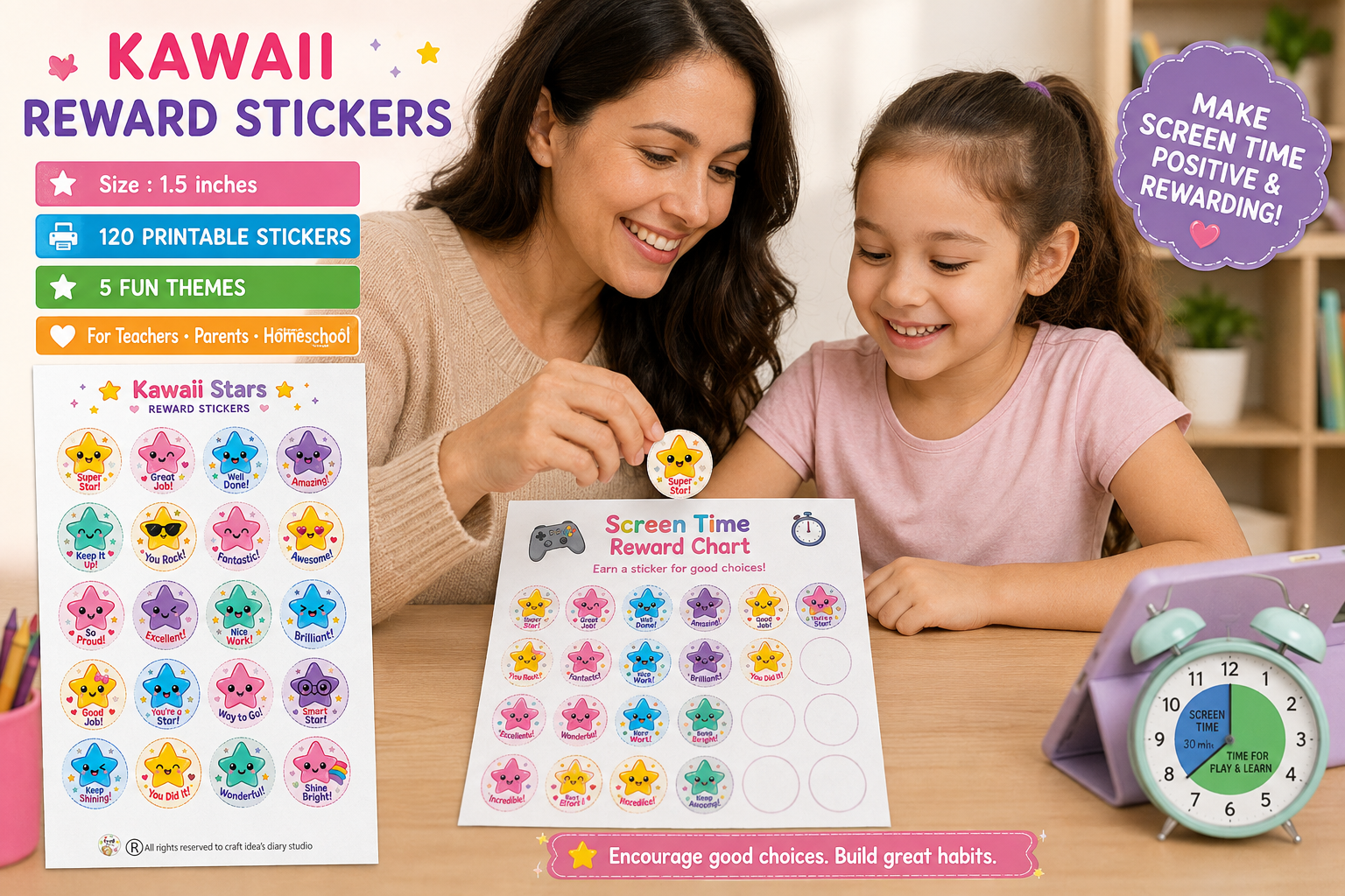 120 Kawaii Reward Stickers Printable | Kids Reward Stickers | Teacher Classroom Stickers | 5 Themes | 1.5 Inch Stickers - Image 3