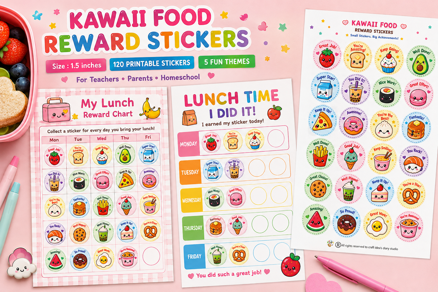 120 Kawaii Reward Stickers Printable | Kids Reward Stickers | Teacher Classroom Stickers | 5 Themes | 1.5 Inch Stickers - Image 4