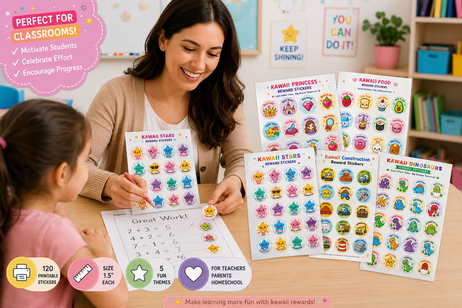 120 Kawaii Reward Stickers Printable | Kids Reward Stickers | Teacher Classroom Stickers | 5 Themes | 1.5 Inch Stickers - Image 2