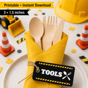 🚧 Construction Party Cutlery Tags – Printable Party Décor